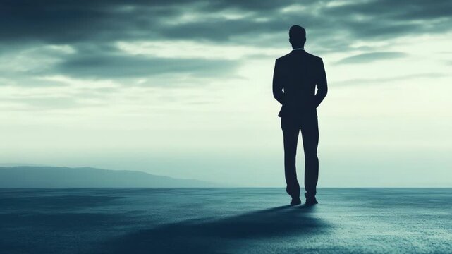 Man in suit walking alone on deserted street during twilight, with dramatic cloudy sky