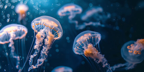 Several jellyfish with translucent bells and orange centers floating in deep blue serene ethereal water