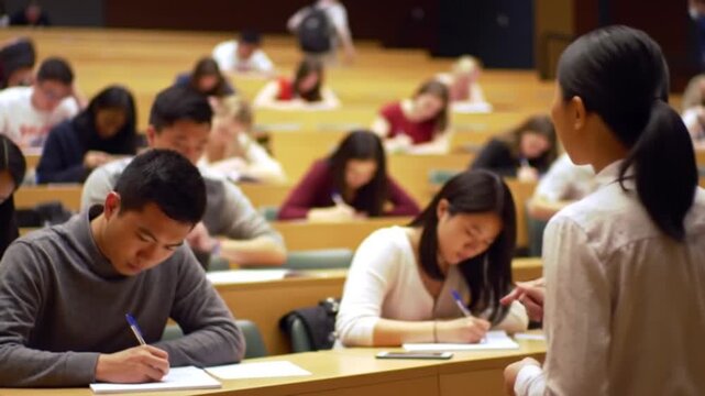 University Lecture Hall: Students Taking Notes During a Presentation by an Asian Female Professor