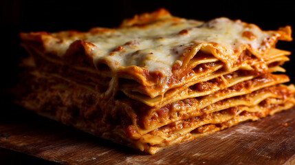 Homemade lasagna layers with melted mozzarella, tomato sauce, and crispy cheese edges