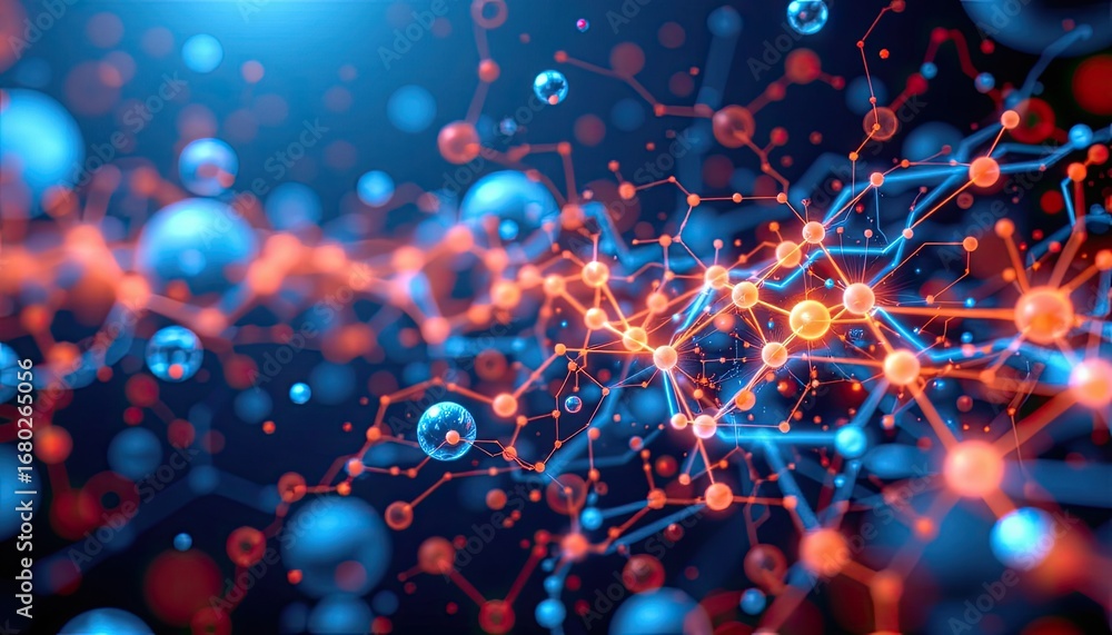 Aufkleber abstract representation of molecular structure with colorful particles and glowing connections in de