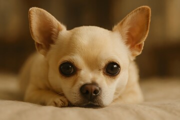 Light-Colored Chihuahua Lying on Soft Surface with Upright Ears and Head Resting on Paws in Warm Indoor Close-Up Portrait
