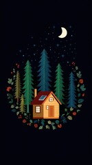 A cozy cabin nestled among tall trees under a starry night sky, perfect for relaxation.