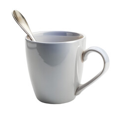 White ceramic mug with a spoon inside, isolated on transparent background