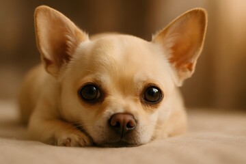Obraz premium Light Tan Chihuahua Lying on Soft Surface with Upright Ears and Expressive Eyes in Warm Indoor Close-Up Portrait