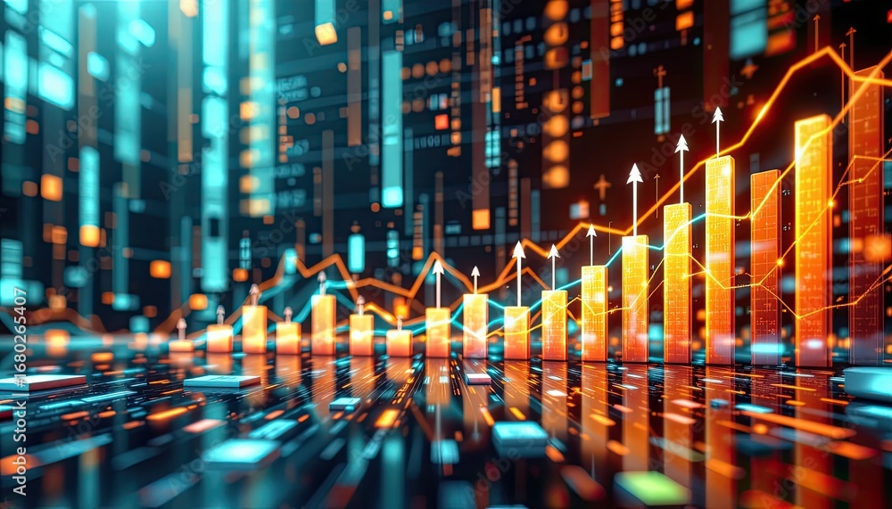 Poster futuristic data visualization with rising graphs and digital elements representing growth and analyt