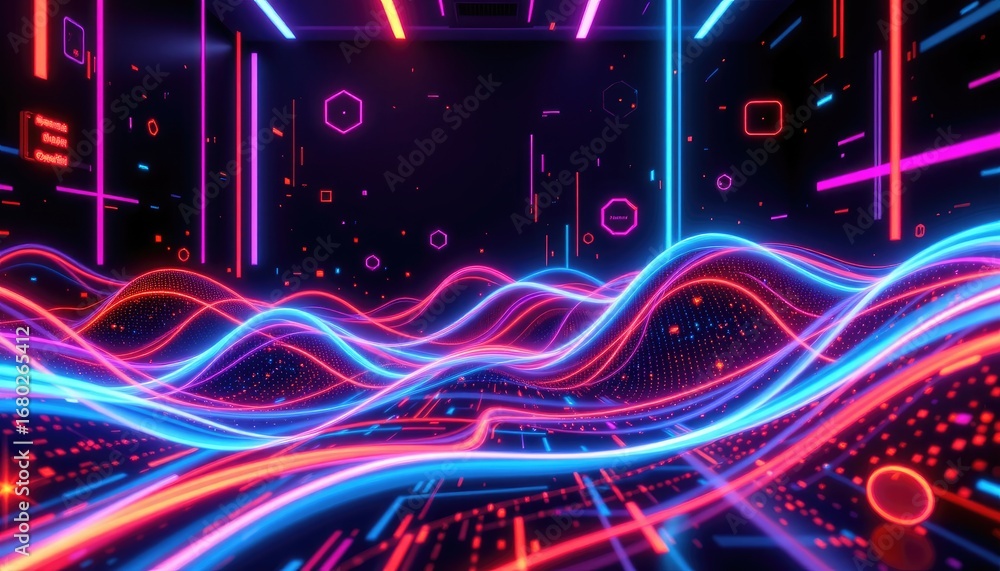 Poster futuristic abstract background with neon lines and waves illuminating a dark space environment