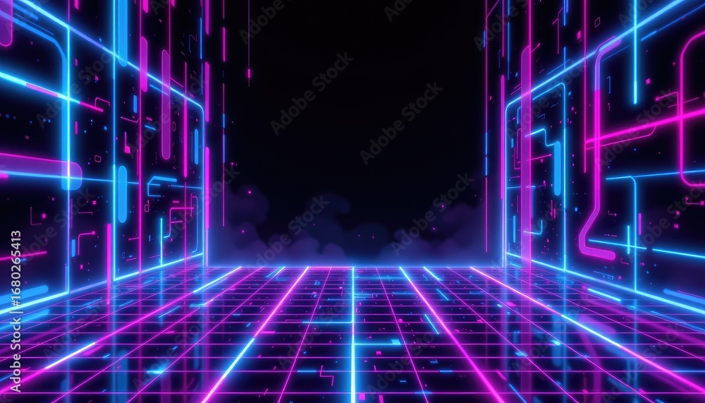 Poster vibrant neon digital tunnel with futuristic grid and glowing lines in a dark space environment