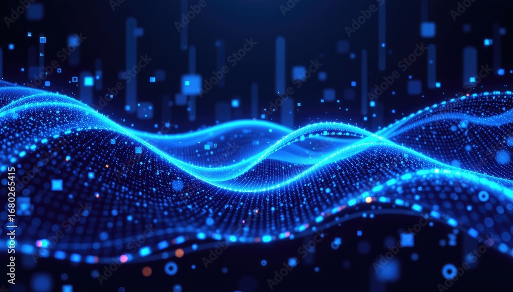 Poster abstract digital waves with glowing particles and geometric shapes for modern technology background