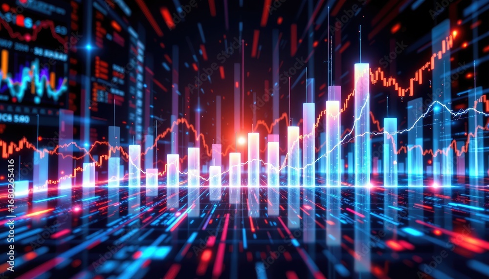 Poster abstract financial data visualization with colorful graphs and digital elements representing stock m