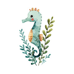 Watercolor Seahorse with Teal and Gold Accents Amidst Greenery