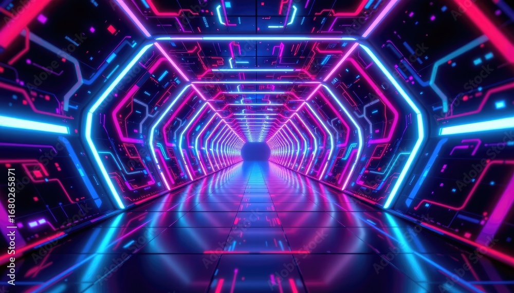 Poster futuristic neon tunnel with glowing patterns and reflections in cyberpunk style