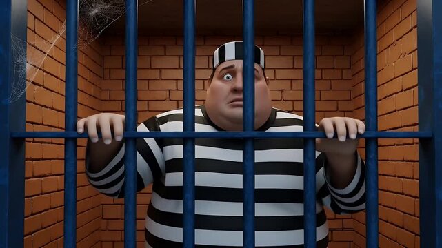 A worried overweight inmate in a striped uniform clings to the bars of a jail cell, expressing fear and desperation.