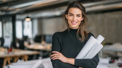 Confident Architect in her Atelier: A poised architect, clutching design drafts, stands confidently in her workspace. Her smile embodies determination and expertise.