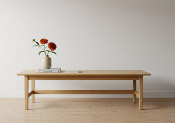 Light wood coffee table with vase of flowers in minimalist home interior