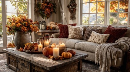 Autumnal Interior: A cozy living room adorned with seasonal decor, creating a warm and inviting atmosphere perfect for the fall season. Generative Ai