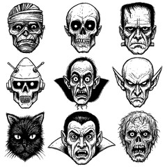 Horror character faces collection with skulls, monsters, and vampires in vintage engraving style, Transparent Background