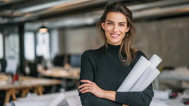 Confident Architect in her Atelier: A poised architect, clutching design drafts, stands confidently in her workspace. Her smile embodies determination and expertise.