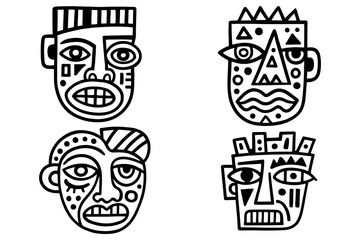 Abstract tribal face mask collection with ethnic ornamental line art, Transparent Background