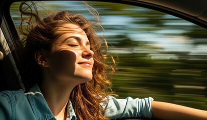 A carefree young woman with curly hair leans out of a car window, her eyes closed and face turned to the sun, enjoying a moment of pure freedom with the landscape blurring past.