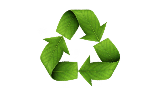 Green recycle symbol with leaf texture isolated on transparent background