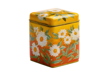 Decorative Floral Tea Tin Container on Transparent Background