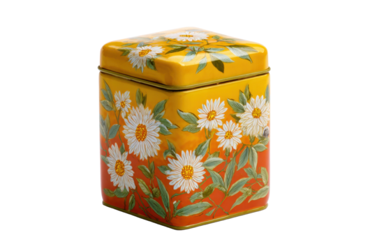 Decorative Floral Tea Tin Container on Transparent Background