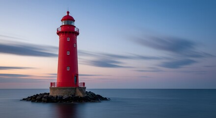 Obraz premium Vibrant Red Lighthouse Stands Tall Against a Serene Sunset Sky and Calm Ocean