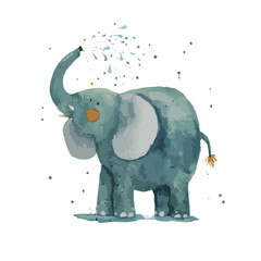 Watercolor Style Elephant Spraying Water with its Trunk Upward