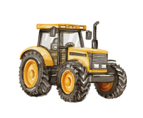 Hand painted watercolor yellow tractor isolated 