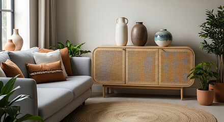 Stylish Rattan Cabinet with Decorative Vases in Modern Living Room.