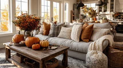 Cozy Autumn Home Decor: A inviting living room, adorned with the warm hues of autumn, beckons with its inviting arrangement of seasonal elements, promoting serenity and ease. Generative Ai