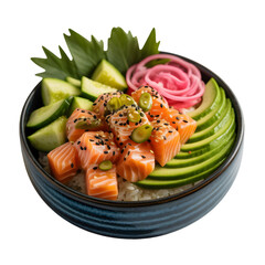 Delicious salmon poke bowl with fresh avocado and cucumber, a healthy and vibrant meal option.