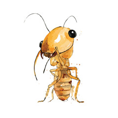 Watercolor Style Illustration of a Golden Ant with Large Eyes and Antennae