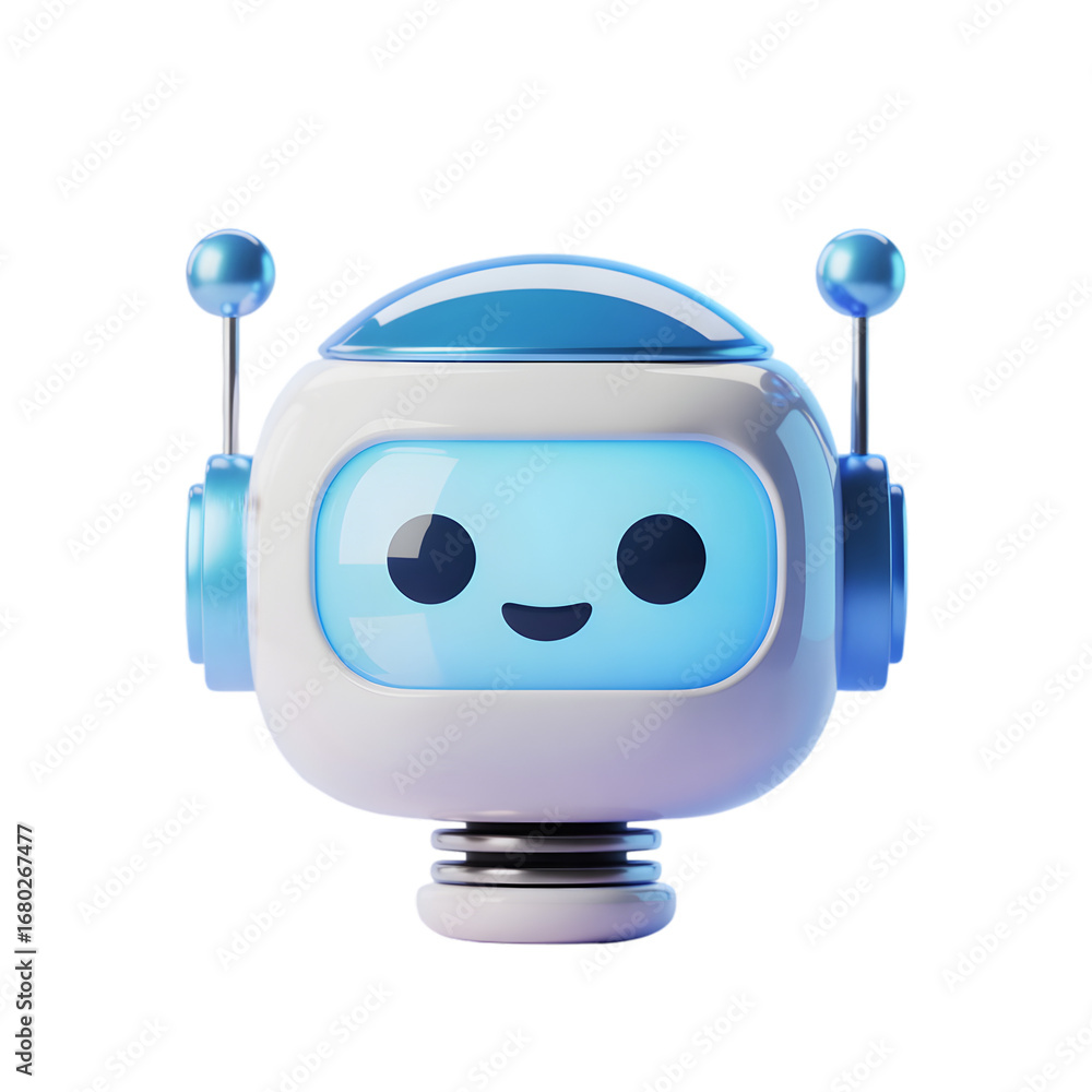 Poster friendly cartoon robot character with a happy digital face, perfect for tech and ai concepts.