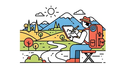 Illustration of a hiker drawing in a landscape with mountains trees and sunny sky