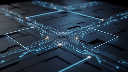 Futuristic glowing circuit board pathways technology