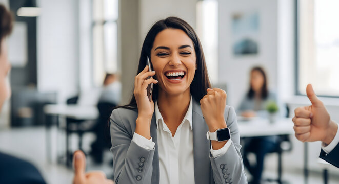 Happy woman talking on the phone in an office setting, smiling widely and celebrating. Focus is on the woman, other colleagues give thumbs up in the background.