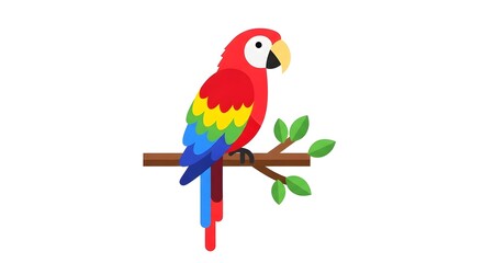 Colorful Parrot Perched on Branch with Green Leaves in Minimalist Illustration