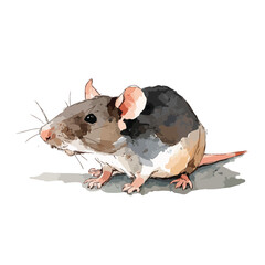 Watercolor Style Rat with Pink Ears and Long Whiskers in Profile