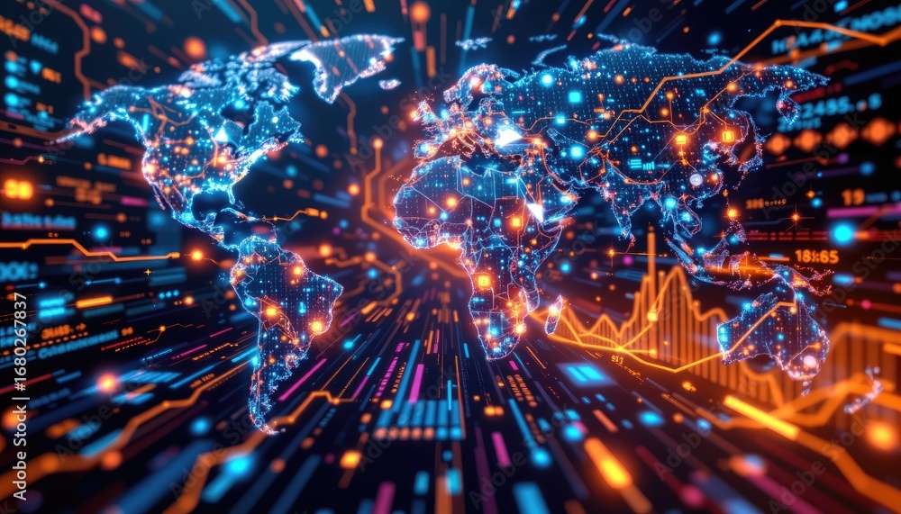 Aufkleber digital world map with data streams and analytics visuals representing global connectivity and techn