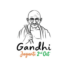 Gandhi Jayanti illustration with Mahatma Gandhi holding bundle of sticks, wearing shawl, and tricolor text honoring peace, simplicity, and legacy