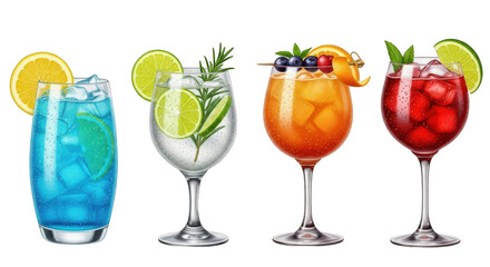 Four different cocktails isolated on transparent background