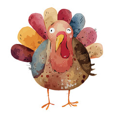 Watercolor Style Turkey with Colorful Feathers and Googly Eyes Cartoon Illustration