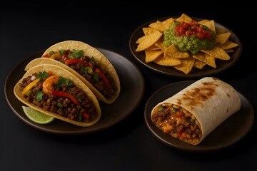 Tex-Mex Spread with Tacos, Burrito, and Nachos with Guacamole