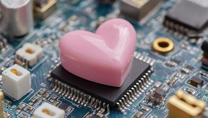 Pink heart-shaped object atop a circuit board