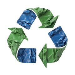 Vibrant green and blue crumpled arrows form iconic recycling symbol urging sustainable action