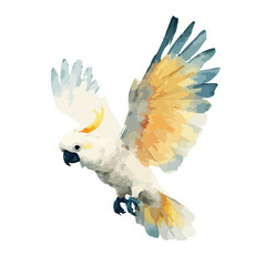 Watercolor SulphurCrested Cockatoo in Flight with Textured Feathers and Dark Beak
