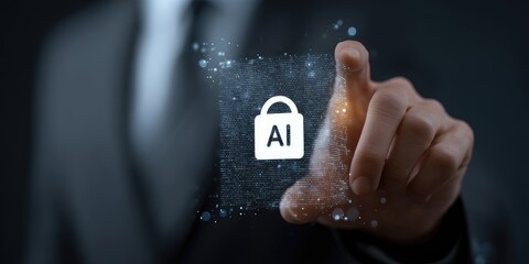 A hand pointing to a security-focused AI icon, overlaid on a dark-suited person
