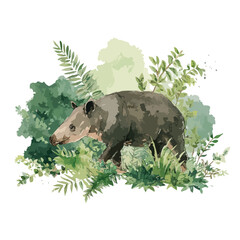 Watercolor Tapir Amidst Lush Tropical Foliage